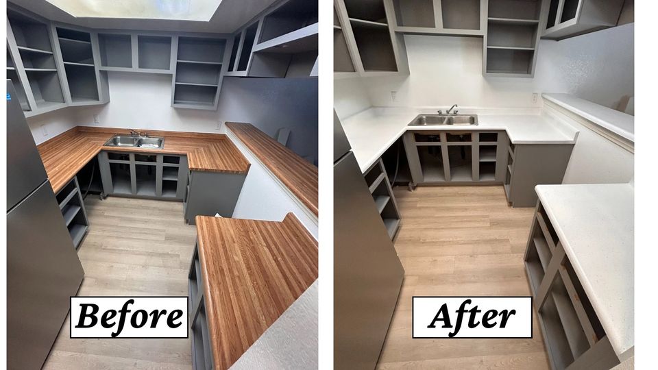 Kitchen countertop refinishing before and after — wood to bright white