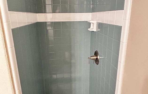 Refinished blue-gray tile shower with crisp white accent bands