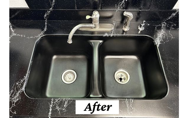 Double-basin sink refinished in black with marble-look countertop