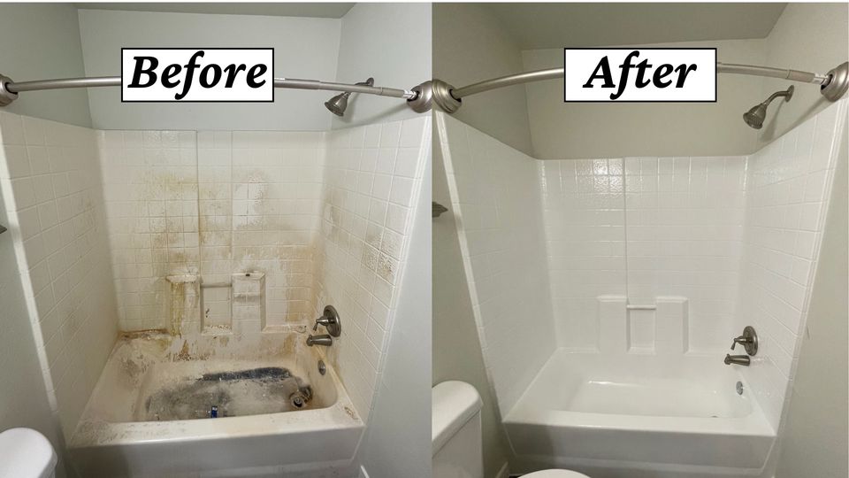 Bathtub refinishing before and after — grimy tub transformed to pristine white